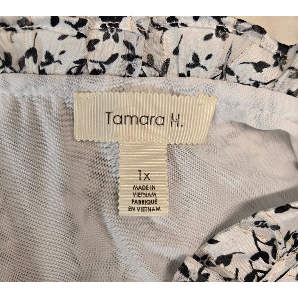 Tamara H Womens Blouse Flutter Sleeve Ruffle Neck Black Gold White Floral 1X - Picture 9 of 11